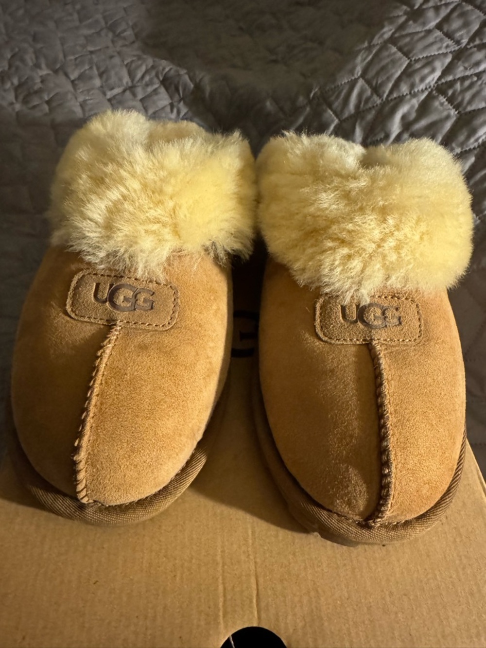 UGG Chestnut Suede Shearling Slippers with Cream Fur Collar - Picture 3 of 7